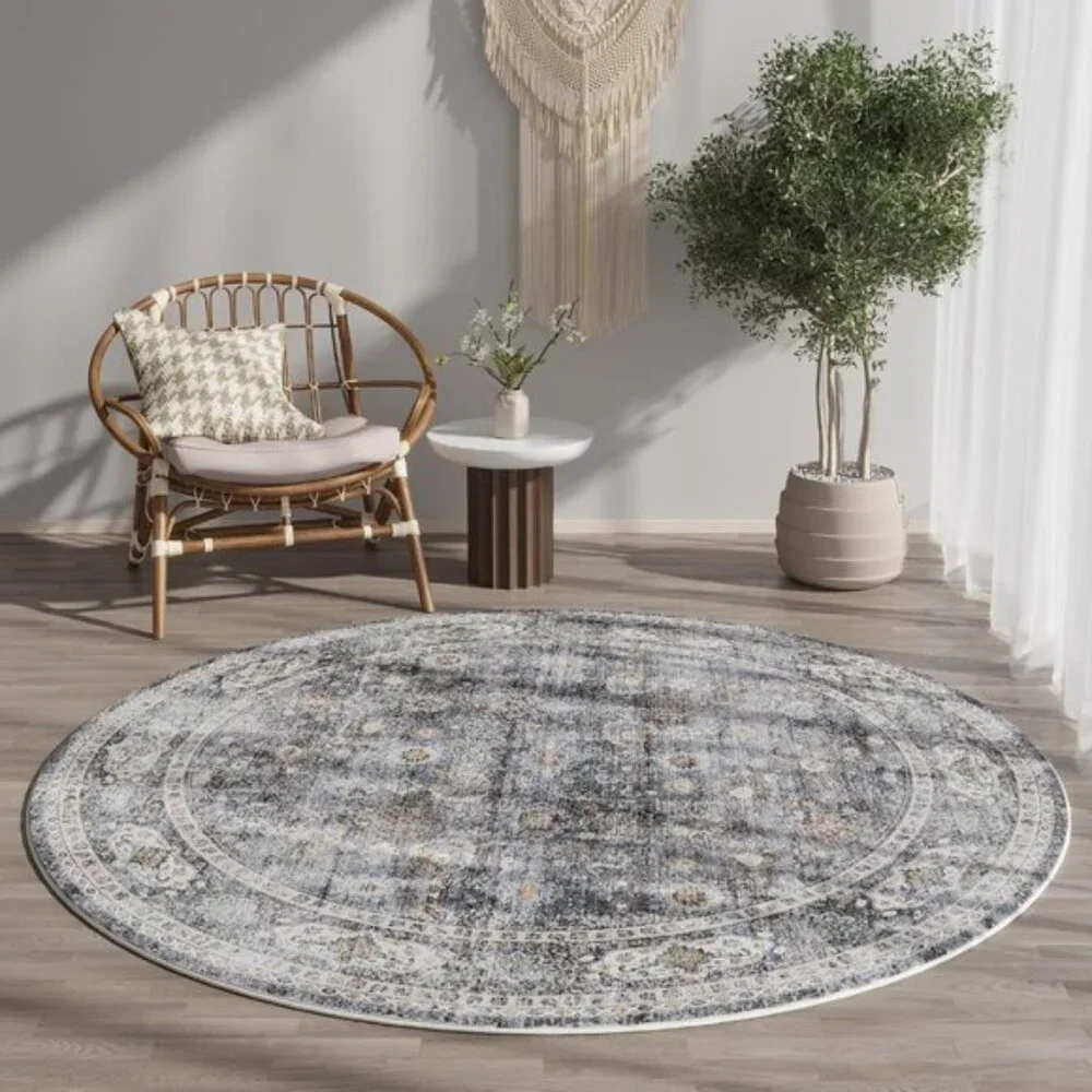 New 4ft Washable Grey Circular Rug, Non-Slip Low Pile Carpet for Bedroom & Dorm